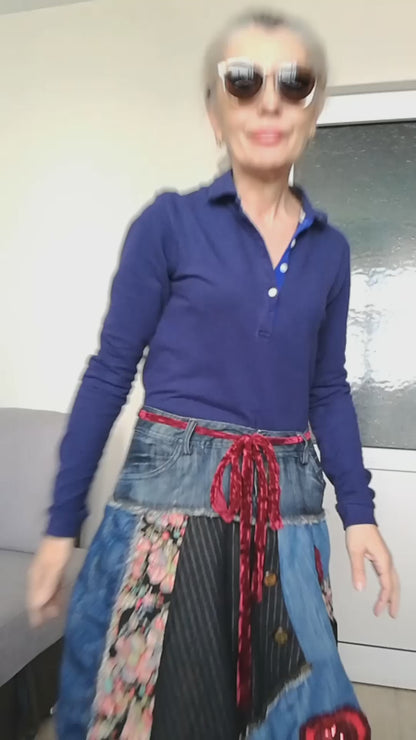 Boho Chic Desigual Denim Skirt L size Upcycled Embroidered Midi Skirt