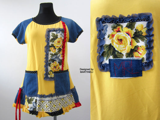 M Short Sleeves Yellow Cotton Dress,Boho Denim Tunic Dress