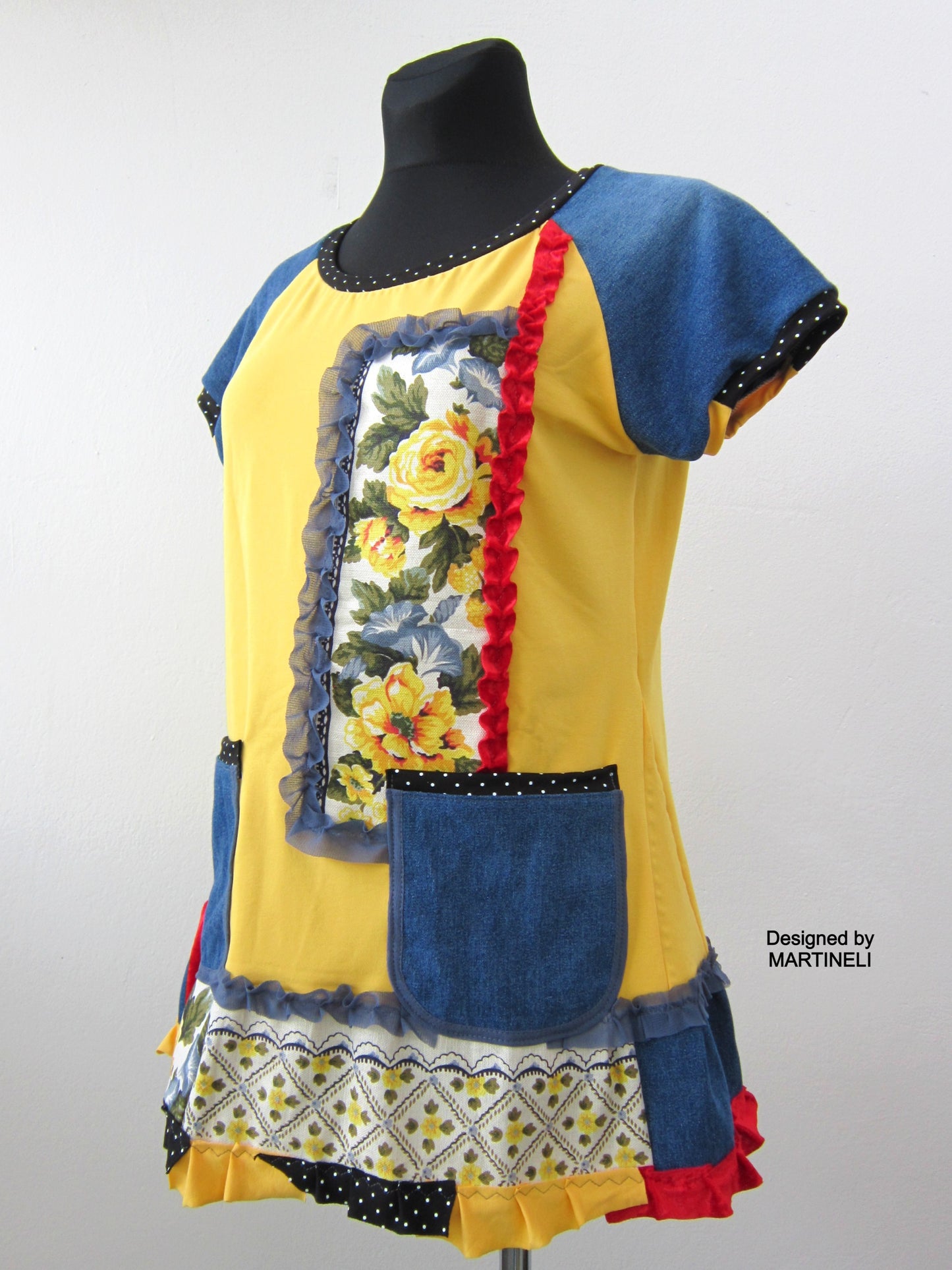 M Short Sleeves Yellow Cotton Dress,Boho Denim Tunic Dress