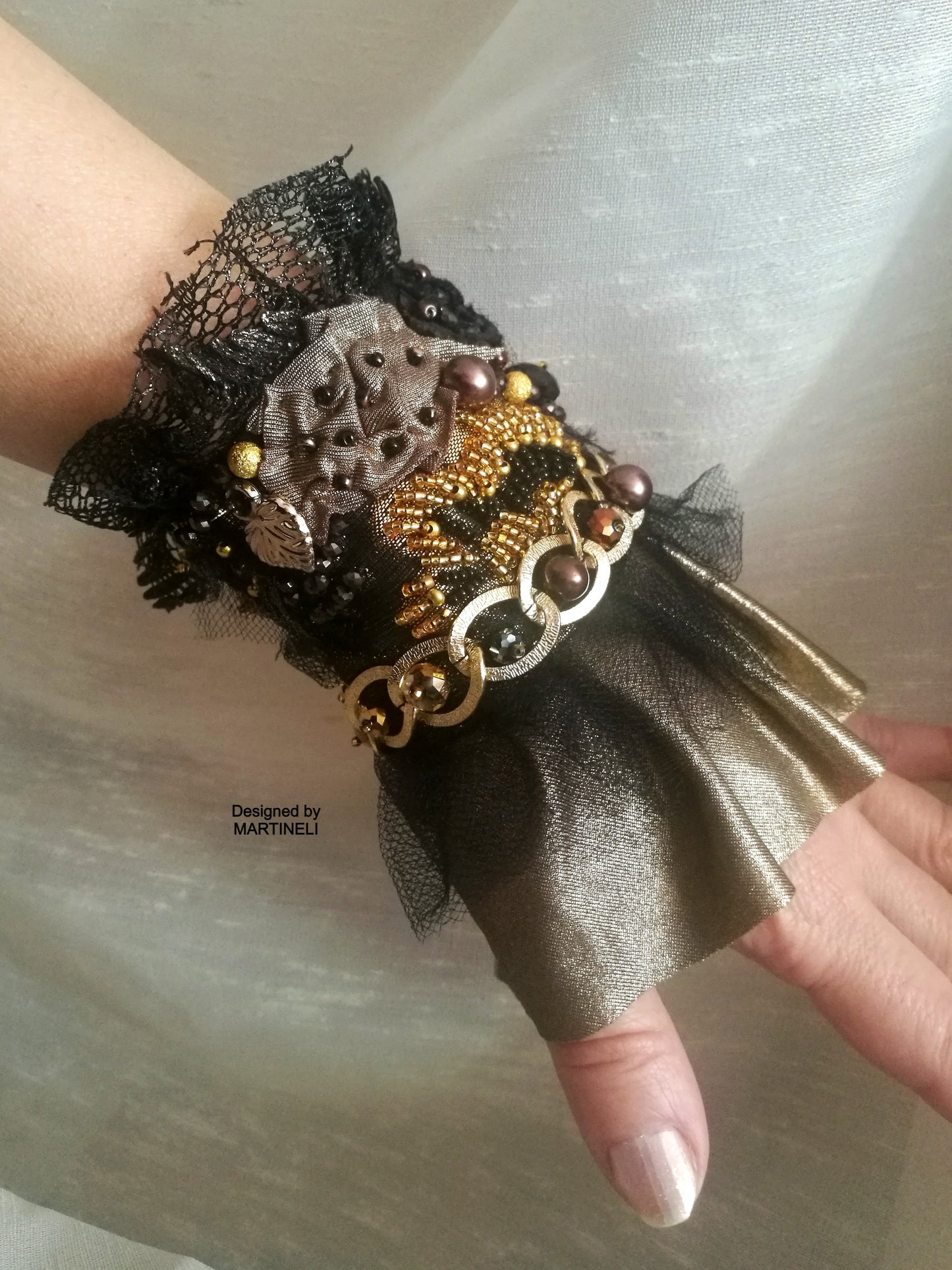 Black Gothic Cuff Bracelet,Handmade Embroidered Wrap Bracelet