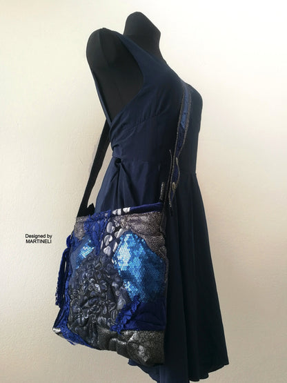 Blue Tassel Bag,Crossbody Velvet Bag,Blue Messenger Bag