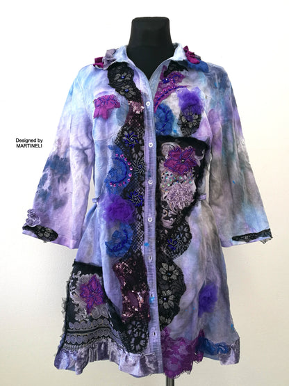 Linen Shirt Dress,M/L Tie Dye Embroidered Summer Dress