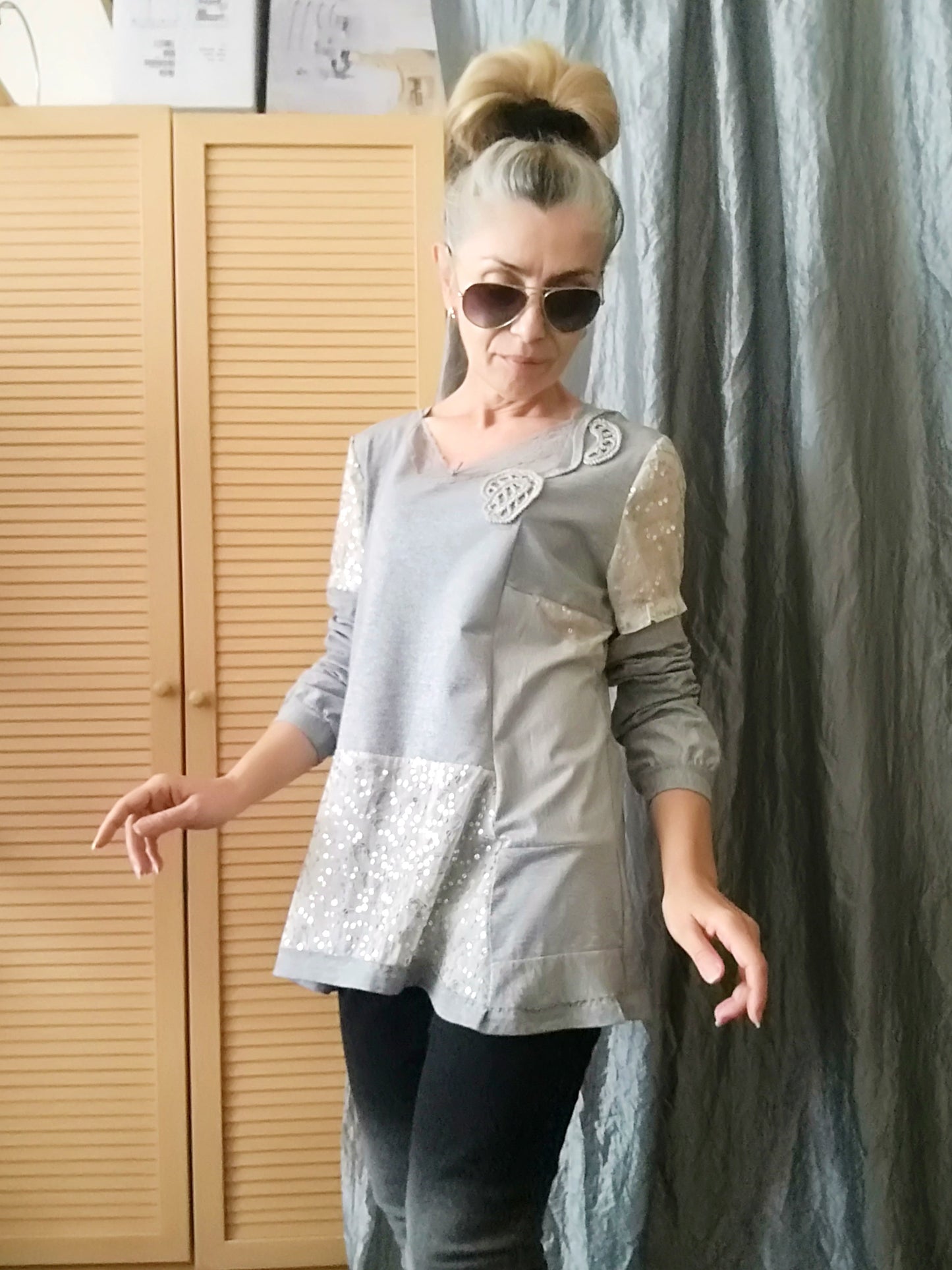 Gray Tunic Dress,M Casual Chic Cotton Top