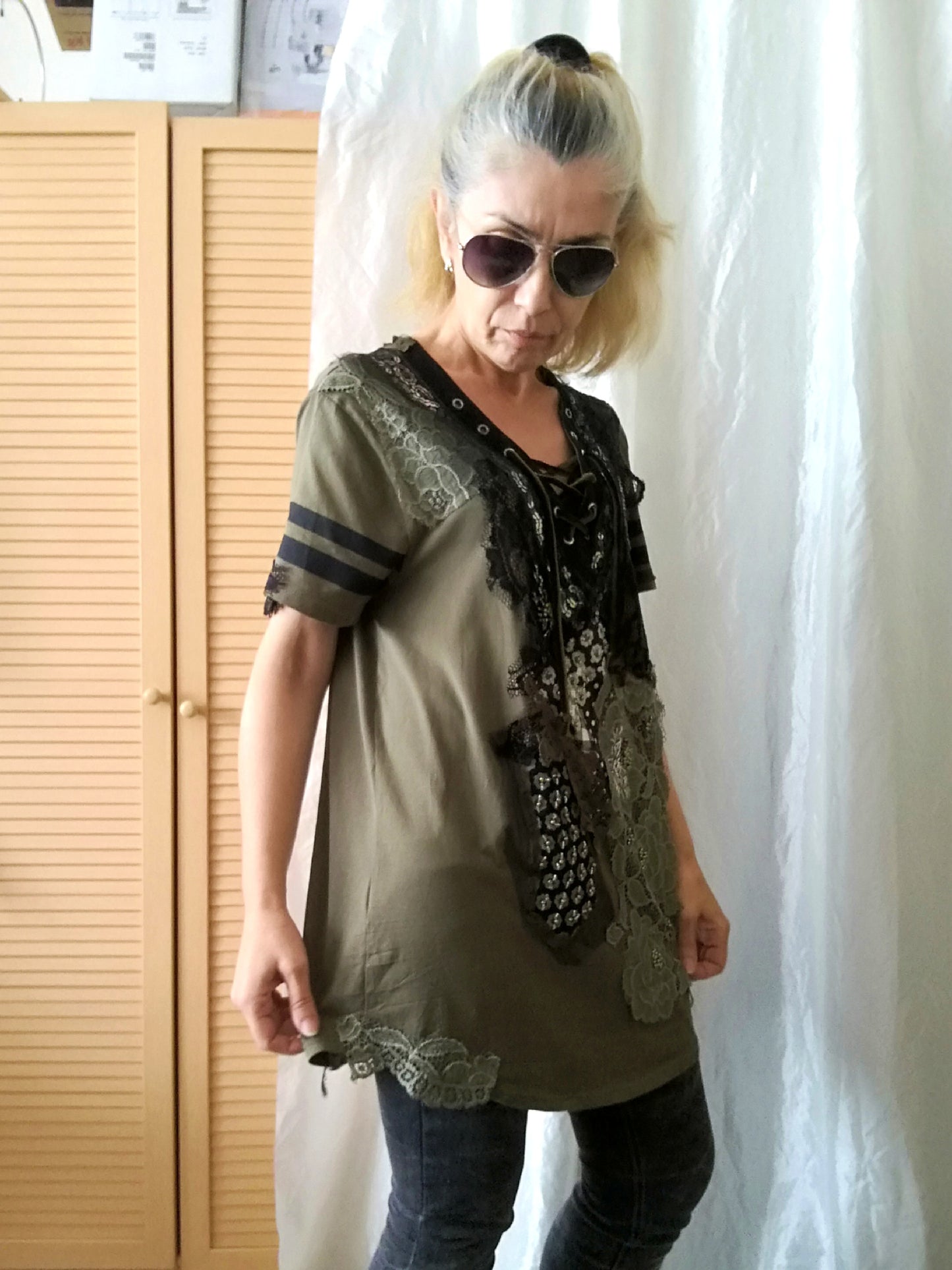 Long T Shirt Dress,M/L Embroidered Khaki Top