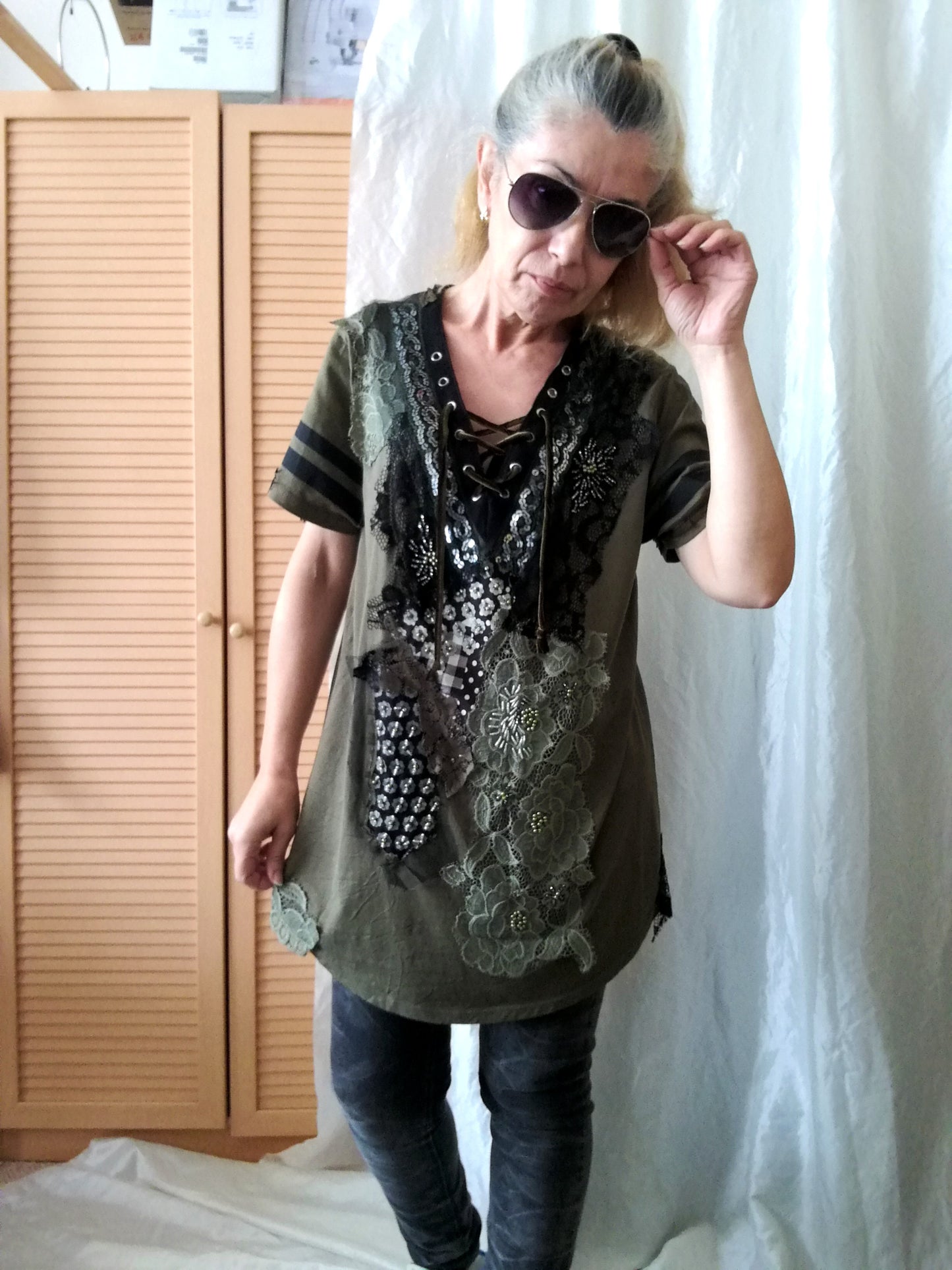 Long T Shirt Dress,M/L Embroidered Khaki Top