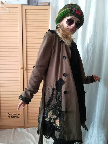 Khaki Hooded Overcoat,L Embroidered Hooded Trench Coat