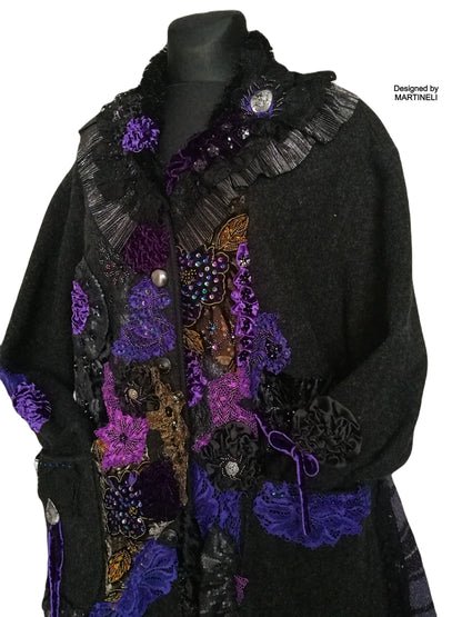 Plus Size Wool Coat,3XL Black Maxi Coat,Boho Embroidered Coat