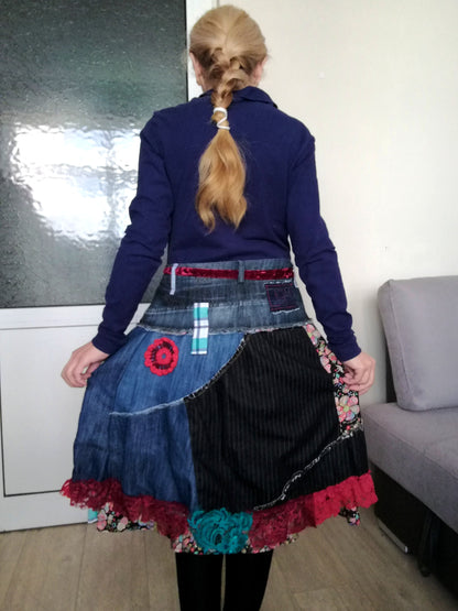 Boho Chic Desigual Denim Skirt L size Upcycled Embroidered Midi Skirt