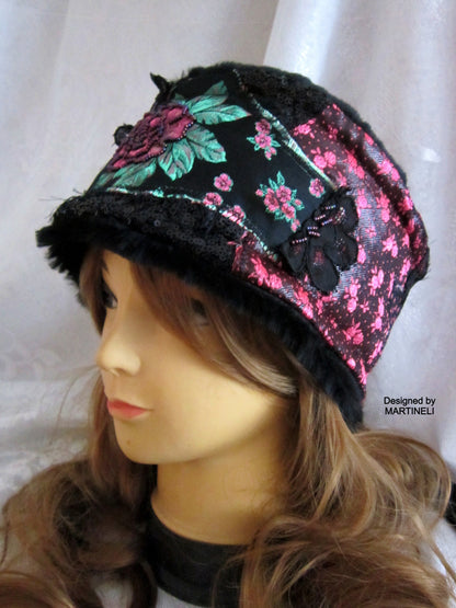 Winter Headband for Women,Black Floral Faux Fur Headband