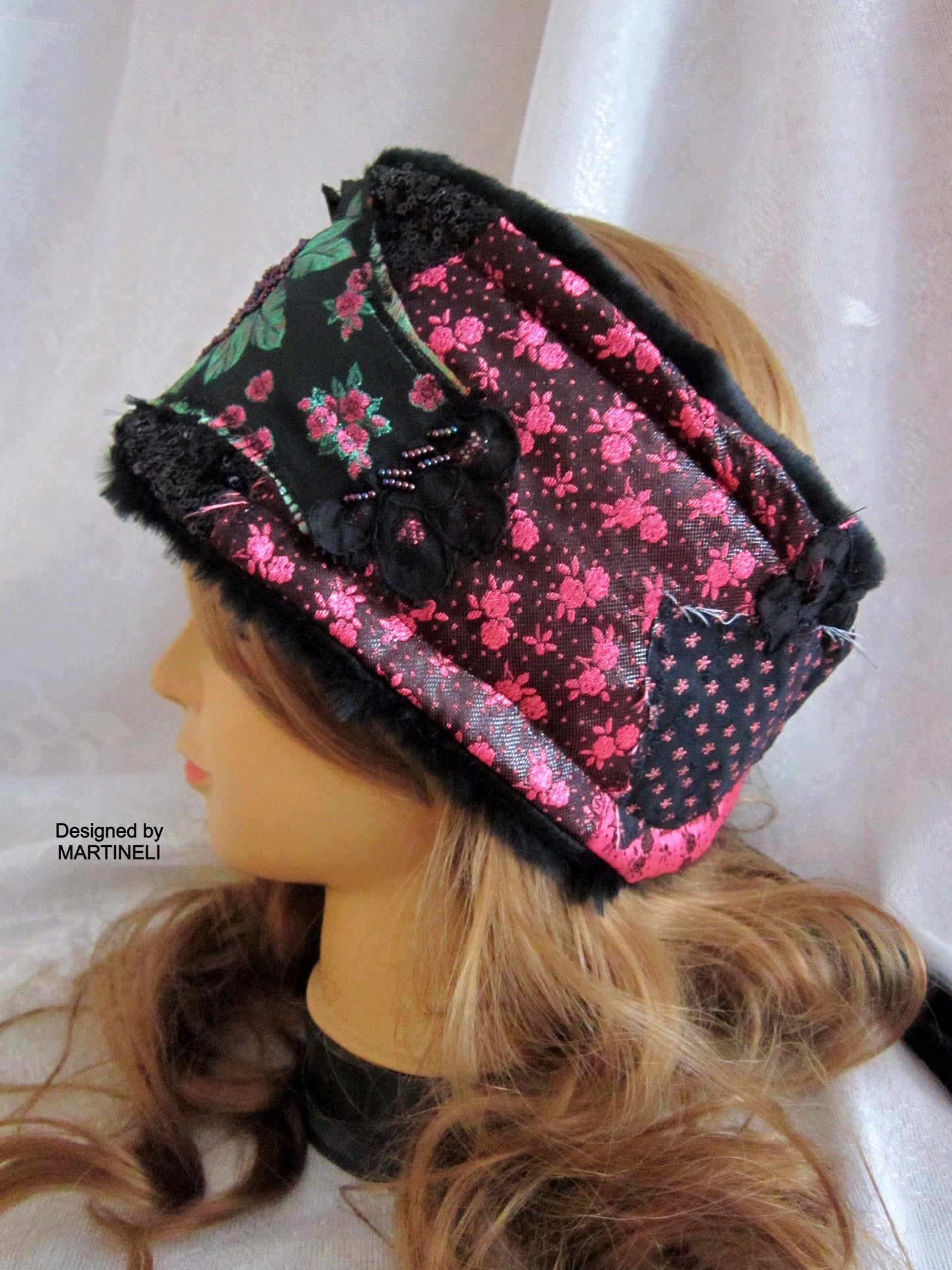 Winter Headband for Women,Black Floral Faux Fur Headband
