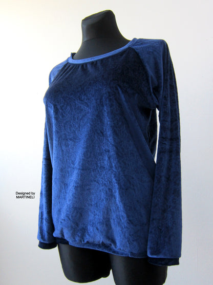 Long Sleeves Blue Velvet Top,M Boho Chic T Shirt
