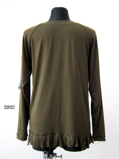 Khaki Green Embroidered Top,M Casual Woman Top