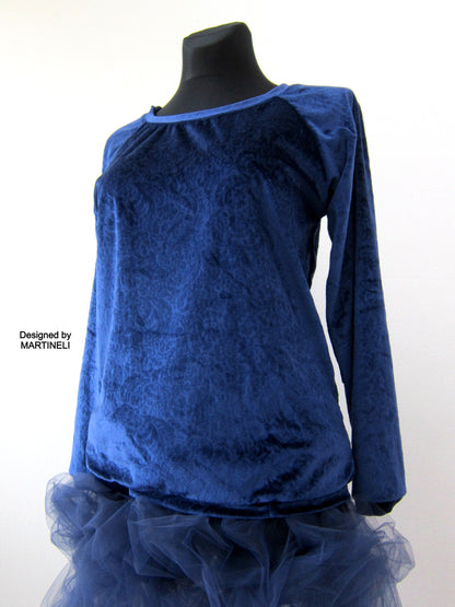 Long Sleeves Blue Velvet Top,M Boho Chic T Shirt