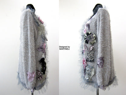 Gray Knit Cardigan Sweater,XL Warm Faux Fur Embroidered Cardigan