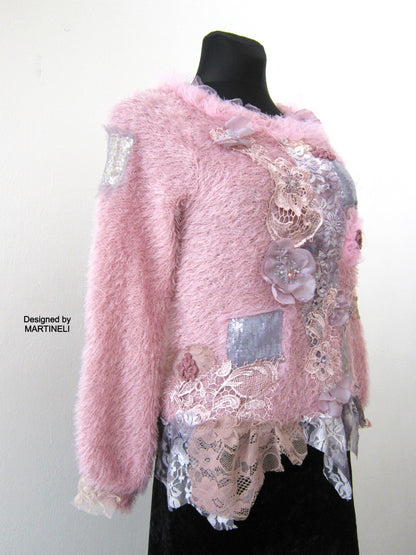 Pink Knit Sweater,S/M Boho Style Upcycled Clothing for Women