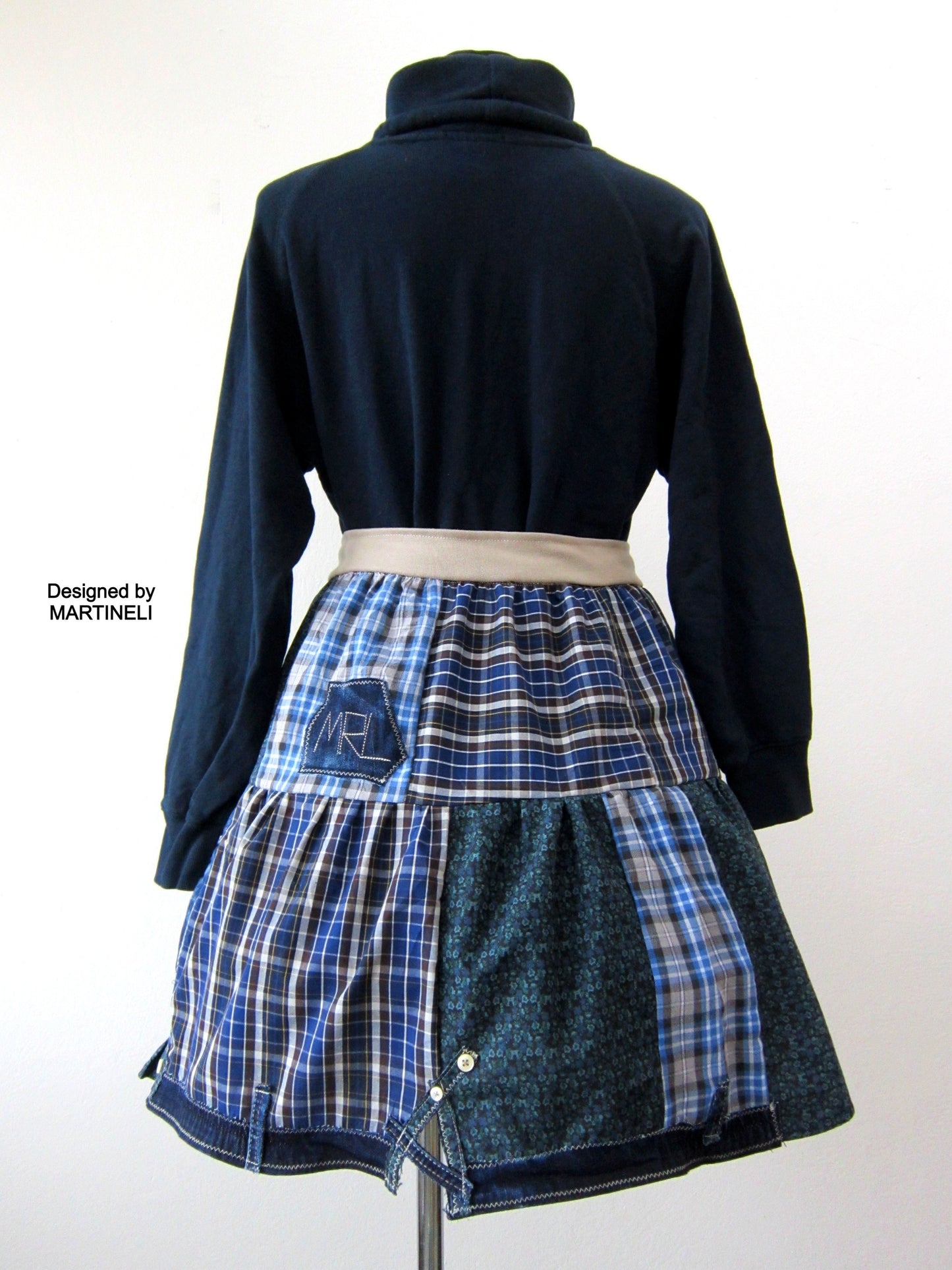Short Blue Skirt,S/M Patchwork Denim Skirt