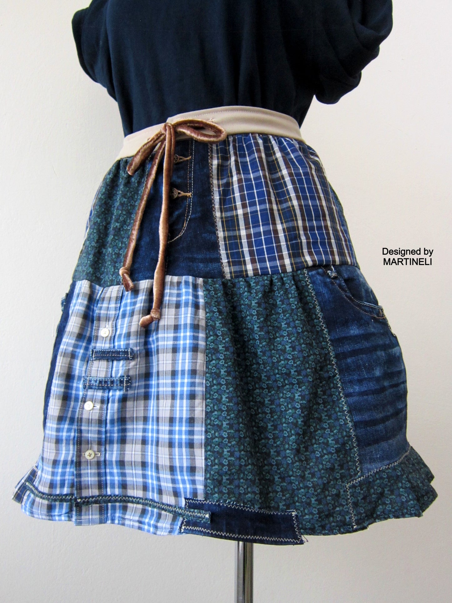 Short Blue Skirt,S/M Patchwork Denim Skirt
