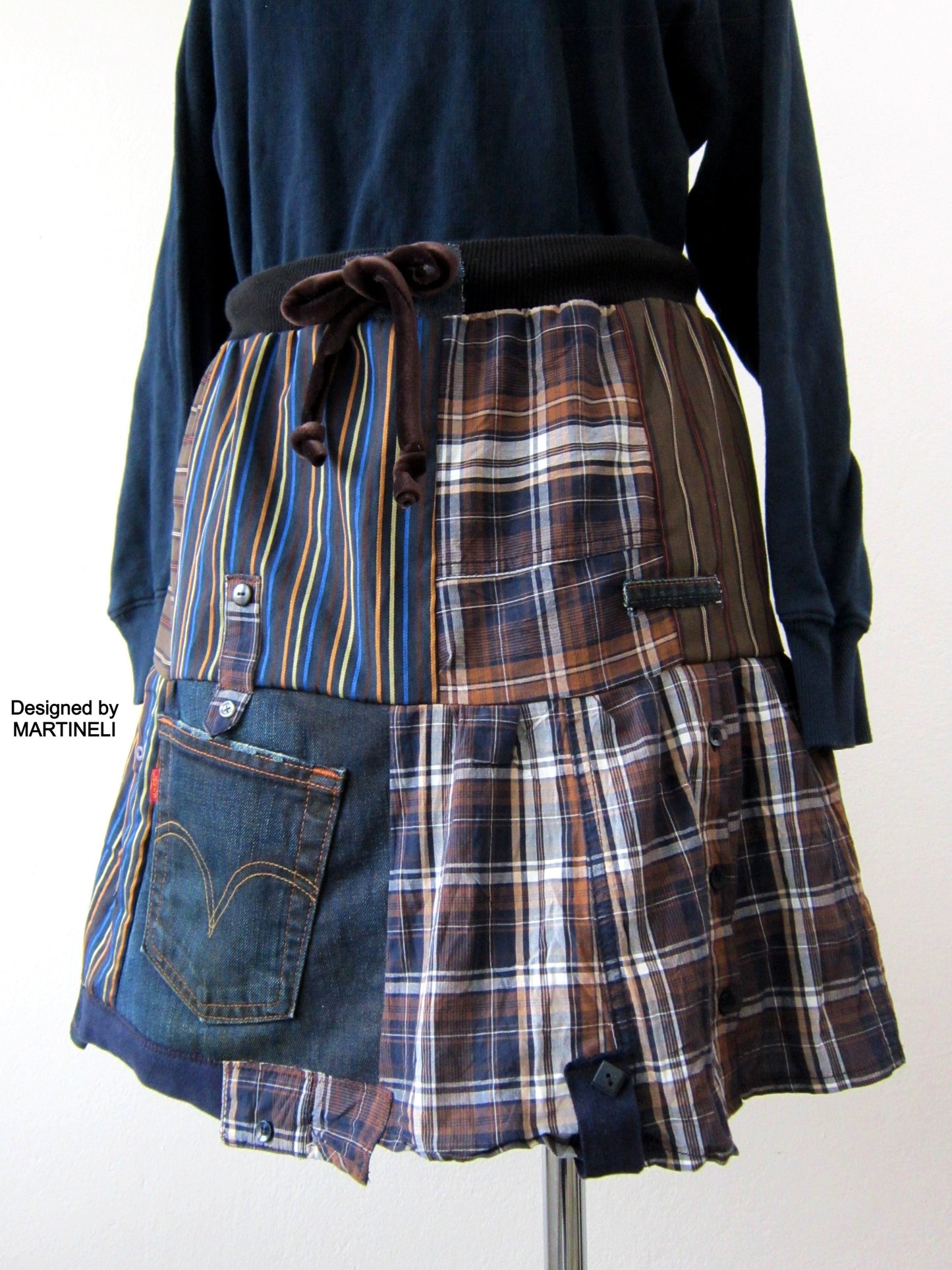 Short Denim Skirt,S Patchwork Mini Smocked Skirt