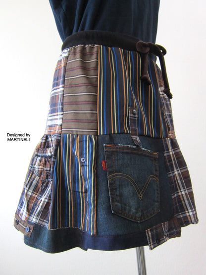 Short Denim Skirt,S Patchwork Mini Smocked Skirt