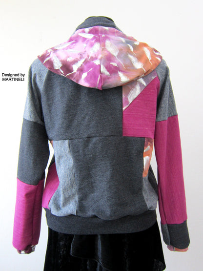 Gray Patchwork Hoodie M/L Boho Chic Hooded Top