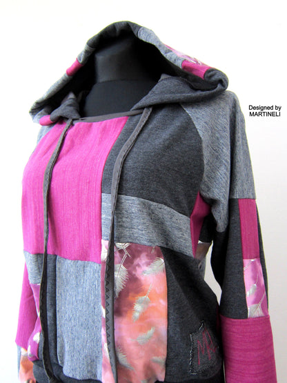 Gray Patchwork Hoodie M/L Boho Chic Hooded Top