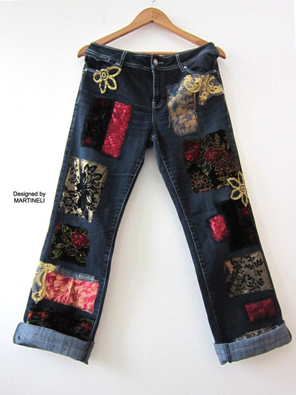 Boho Floral Jeans for Women,M Embroidered Jeans