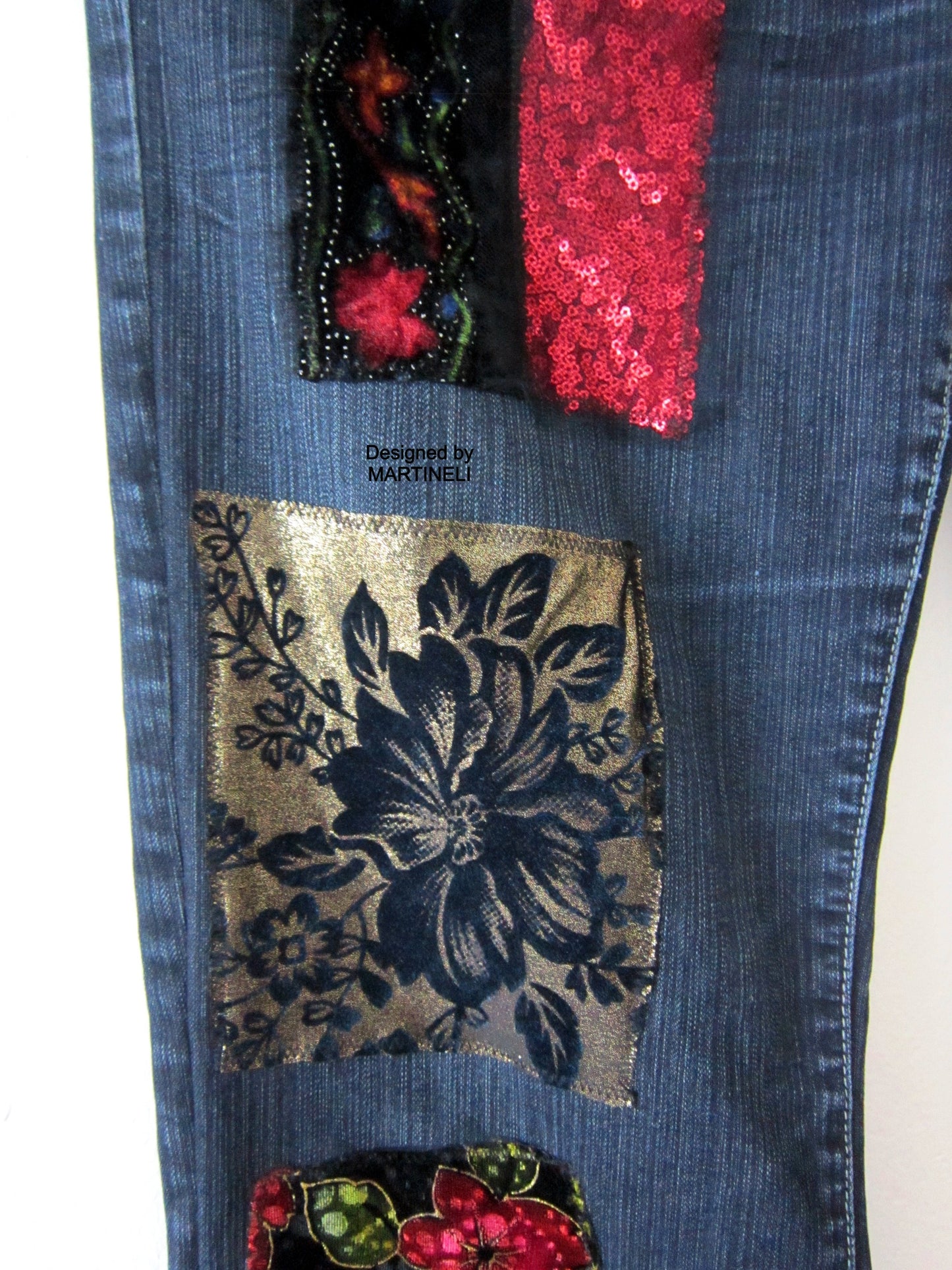 Boho Floral Jeans for Women,M Embroidered Jeans