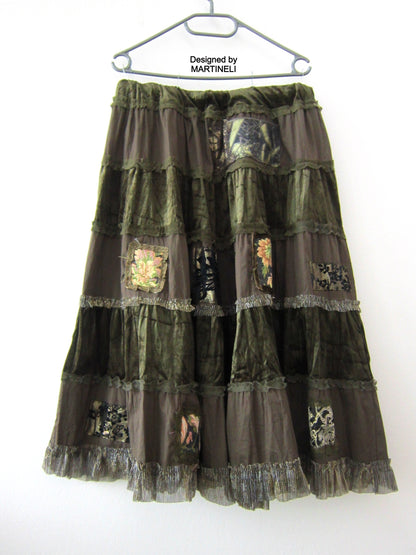 Khaki Green Long Skirt,L/XL Embroidered Boho Gypsy Skirt