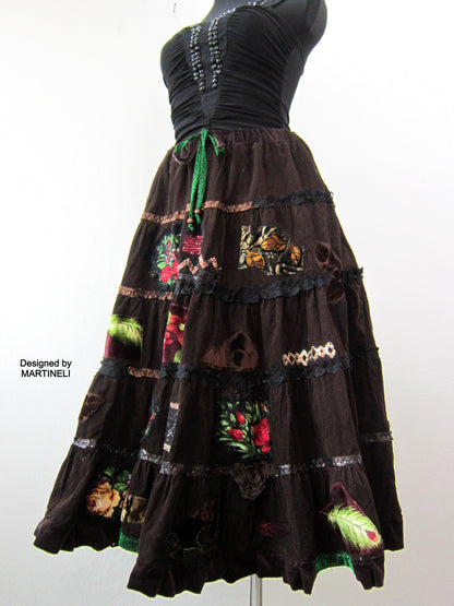 Long Brown Corduroy Skirt,XL Boho Gypsy Embroidered Skirt