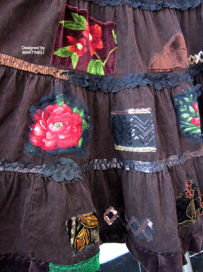 Long Brown Corduroy Skirt,XL Boho Gypsy Embroidered Skirt