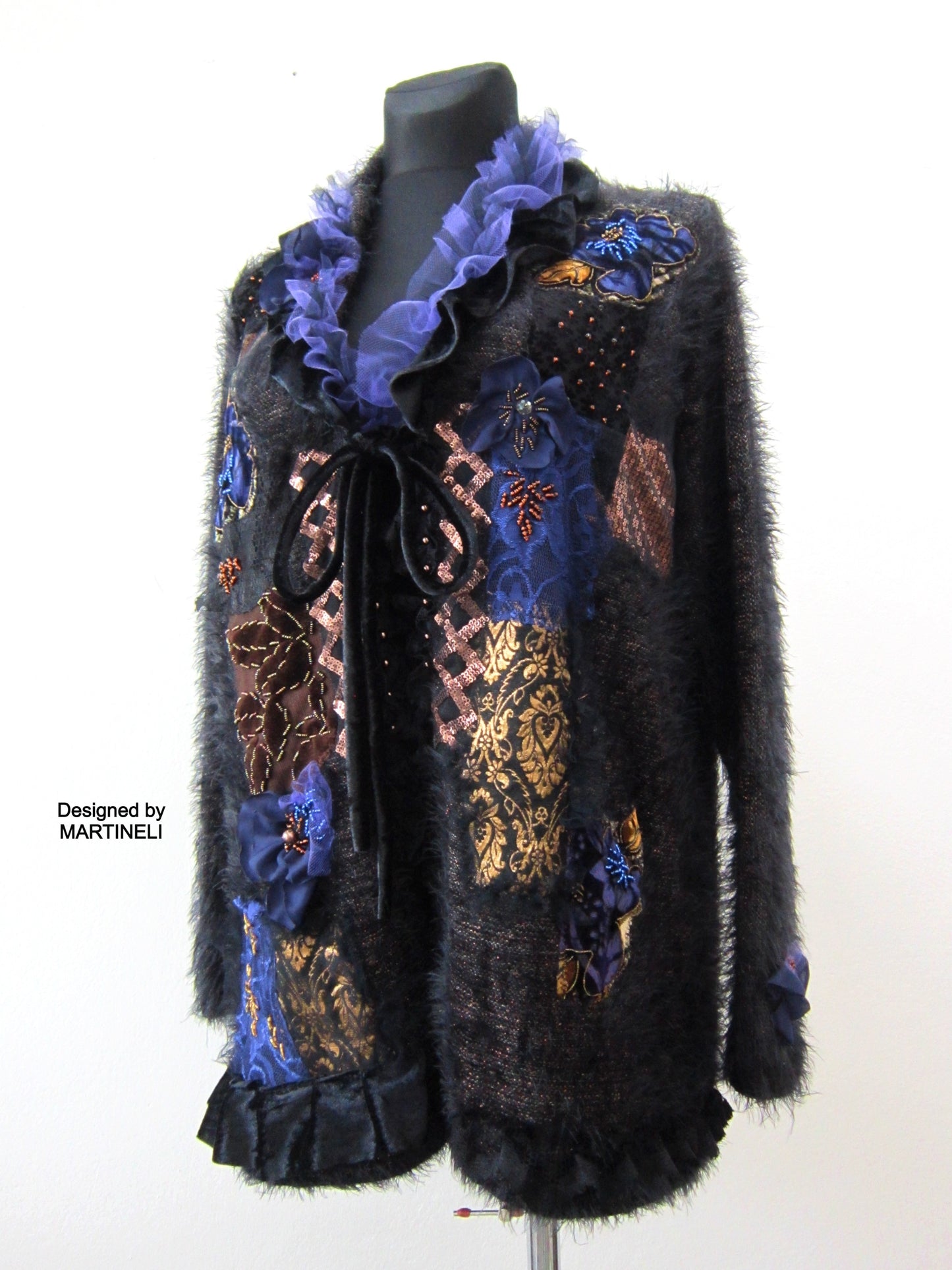 Black Knit Cardigan,XL Boho Style Embroidered Cardigan Dress