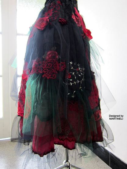 Plus Size Black Shabby Chic Long Skirt, Gypsy Embroidered Skirt,Long Wedding Skirt