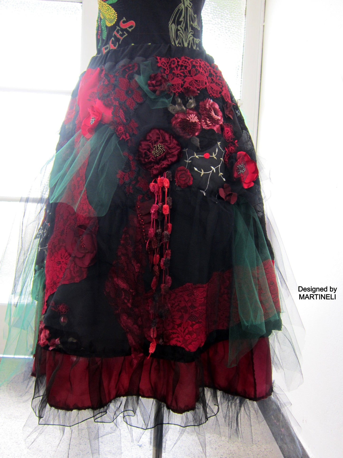 Plus Size Black Shabby Chic Long Skirt, Gypsy Embroidered Skirt,Long Wedding Skirt