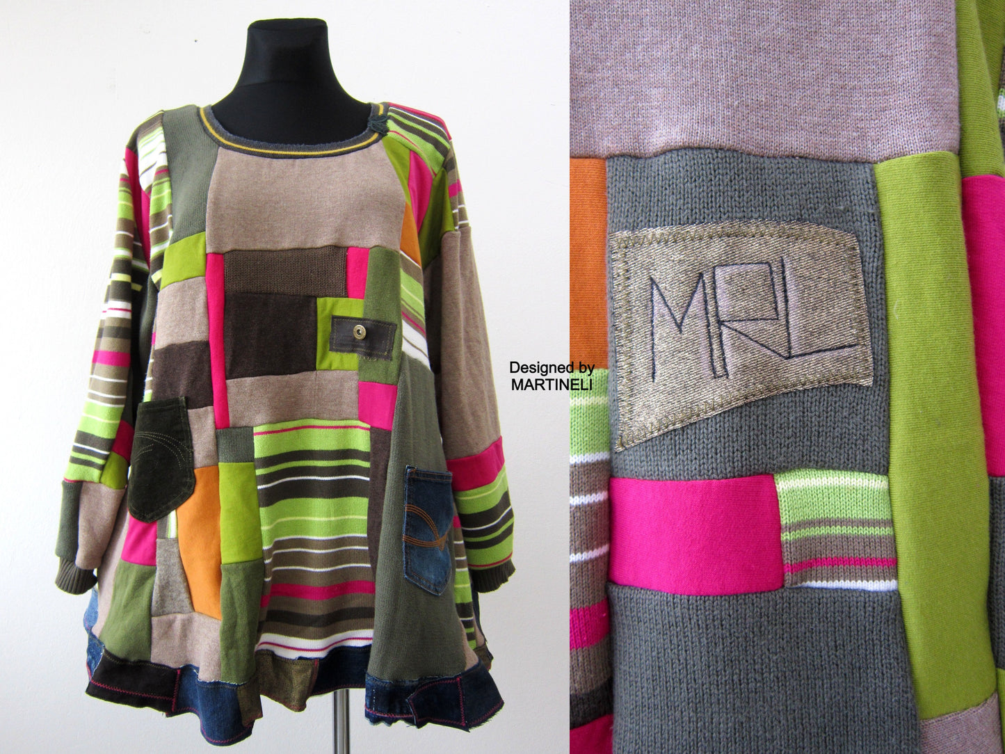 Plus Size Dresses for Women,2X Colourful Patchwork Upcycled Sweater Dress
