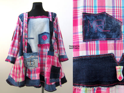 Plus Size Dress for Women,2X Upcycled Denim Shirt Dress,Pink Cotton Tunic Top