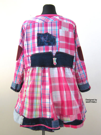 Plus Size Dress for Women,2X Upcycled Denim Shirt Dress,Pink Cotton Tunic Top