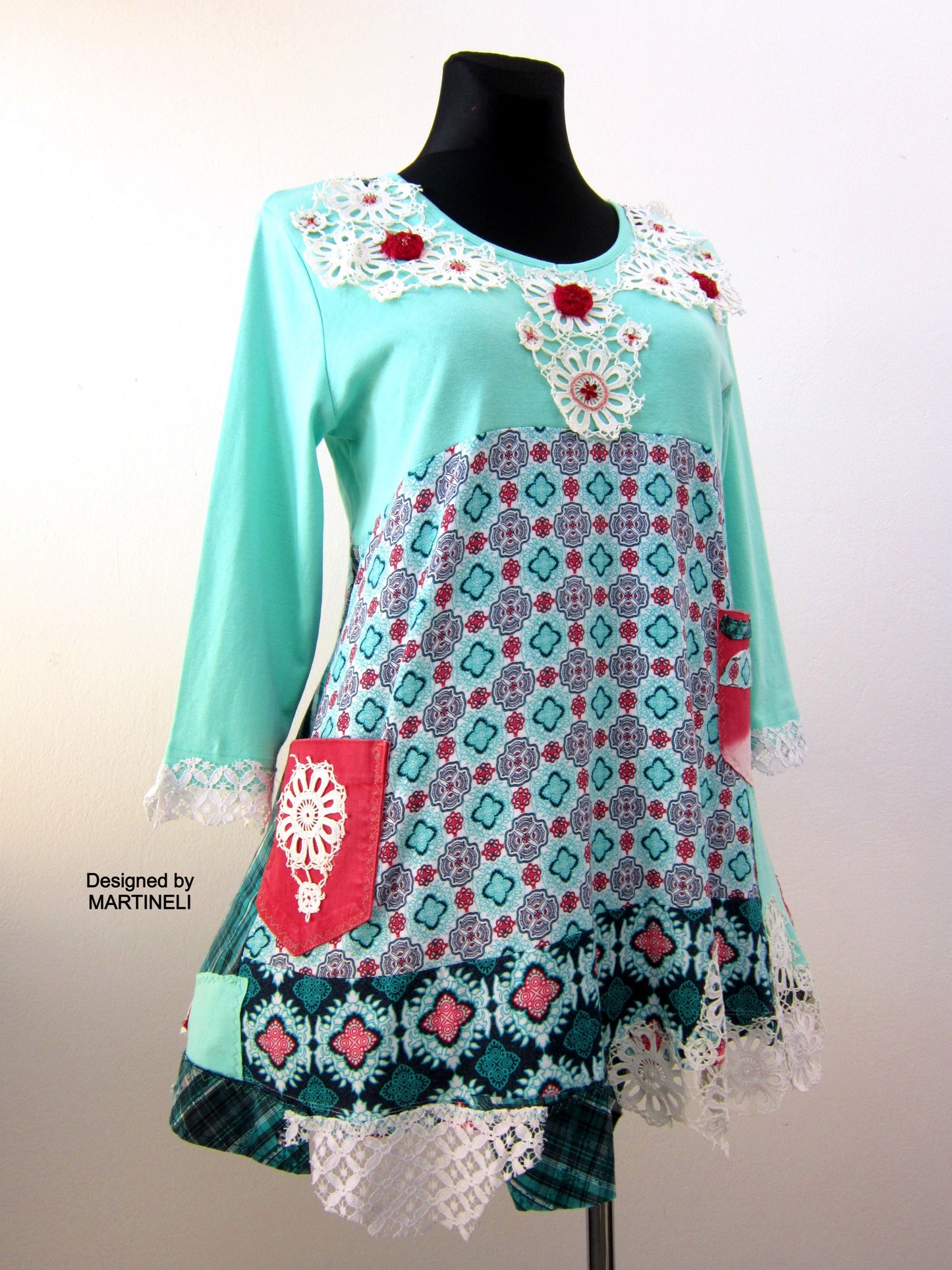 Boho Turquoise Tunic Dress,L Short Cotton Upcycled Dress