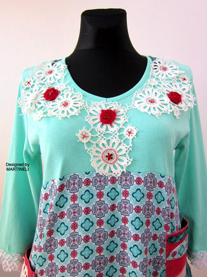 Boho Turquoise Tunic Dress,L Short Cotton Upcycled Dress