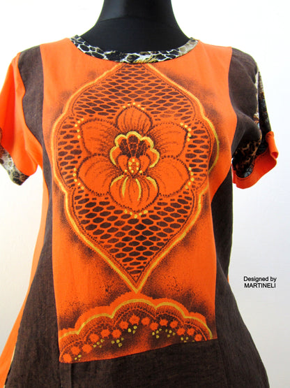Short Orange Dress,M/L Summer Linen Tunic Top for Women