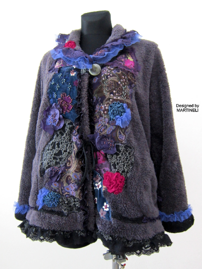 Gray Faux Fur Winter Jacket,L/XL Embroidered Warm Jacket