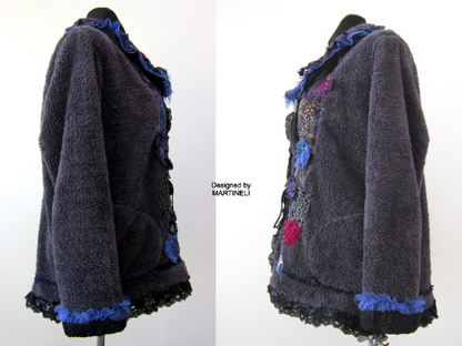 Gray Faux Fur Winter Jacket,L/XL Embroidered Warm Jacket