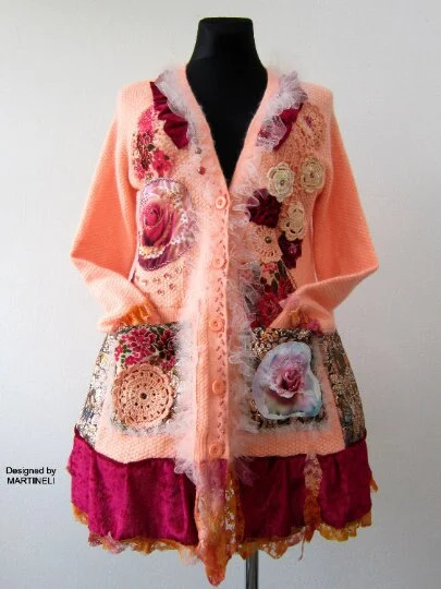 Pink Knit Cardigan,XL Gypsy Floral Embroidered Cardigan