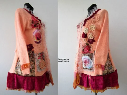 Pink Knit Cardigan,XL Gypsy Floral Embroidered Cardigan
