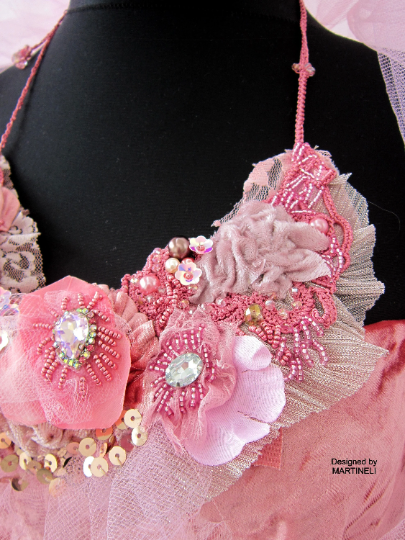 Boho Chic Pink Floral Necklace,Bold Statement Embroidered Necklace