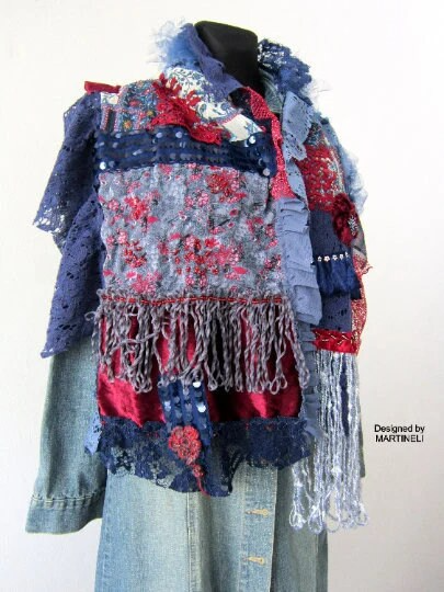 Blue Boho Festival Fringe Shawl,Upcycled Clothing For Women