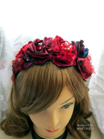 Boho Red Velvet Floral Headband,Gothic Beaded Headpiece