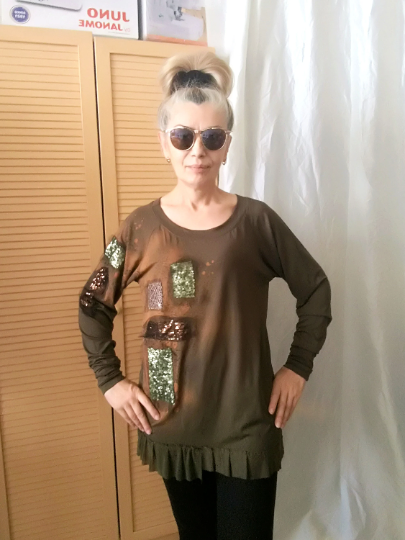 Khaki Green Embroidered Top,M Casual Woman Top