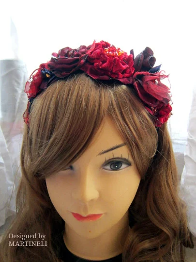 Boho Red Velvet Floral Headband,Gothic Beaded Headpiece