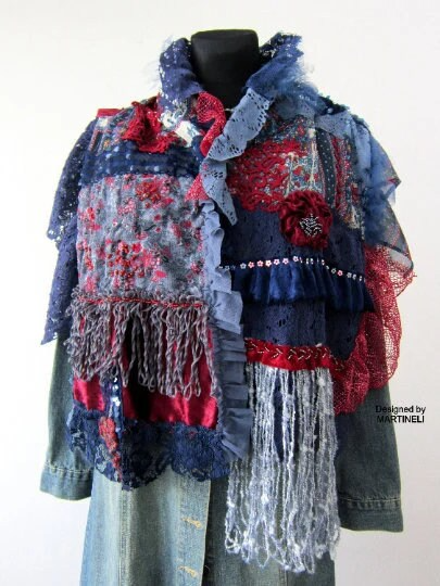 Blue Boho Festival Fringe Shawl,Upcycled Clothing For Women