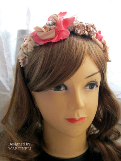 Rose Gold Boho Chic Floral Headband,Pink Beaded Tiara